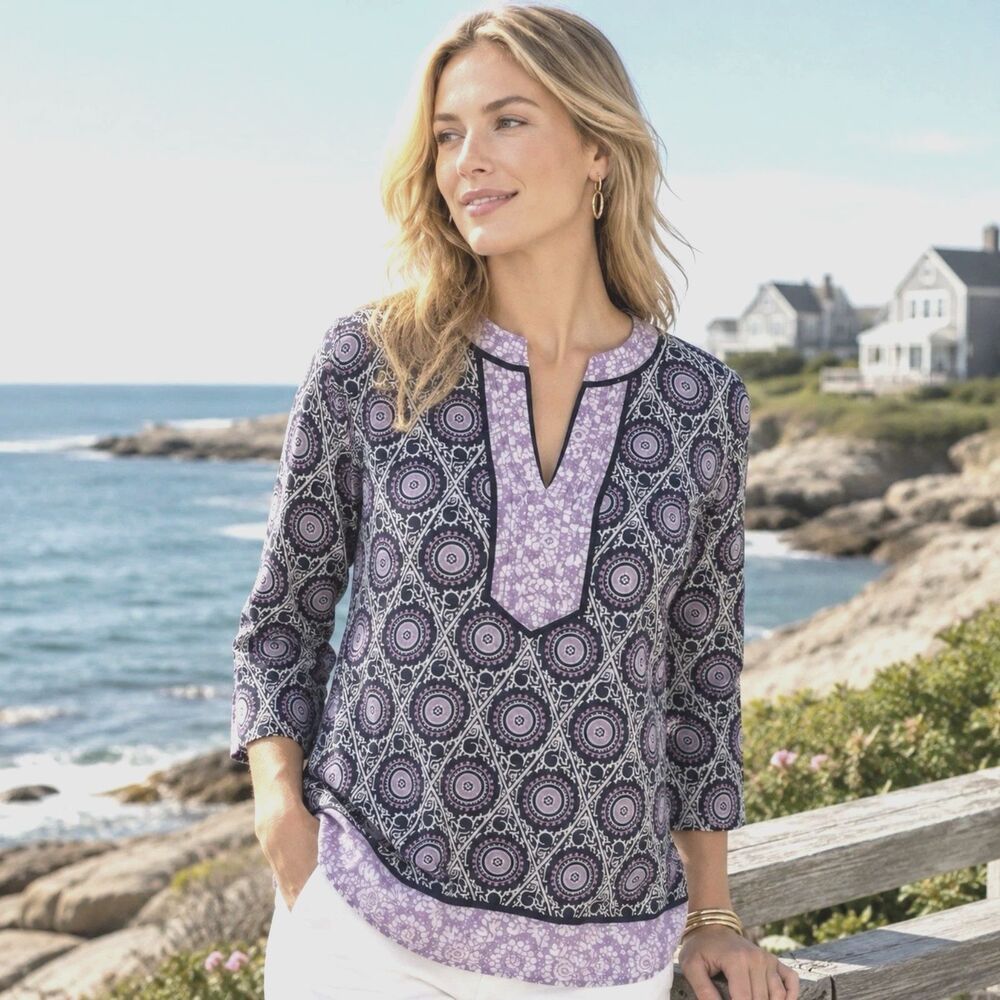 Talbots Blue Lavender Purple Cotton Tunic S Medallion Block Print Boho Coastal